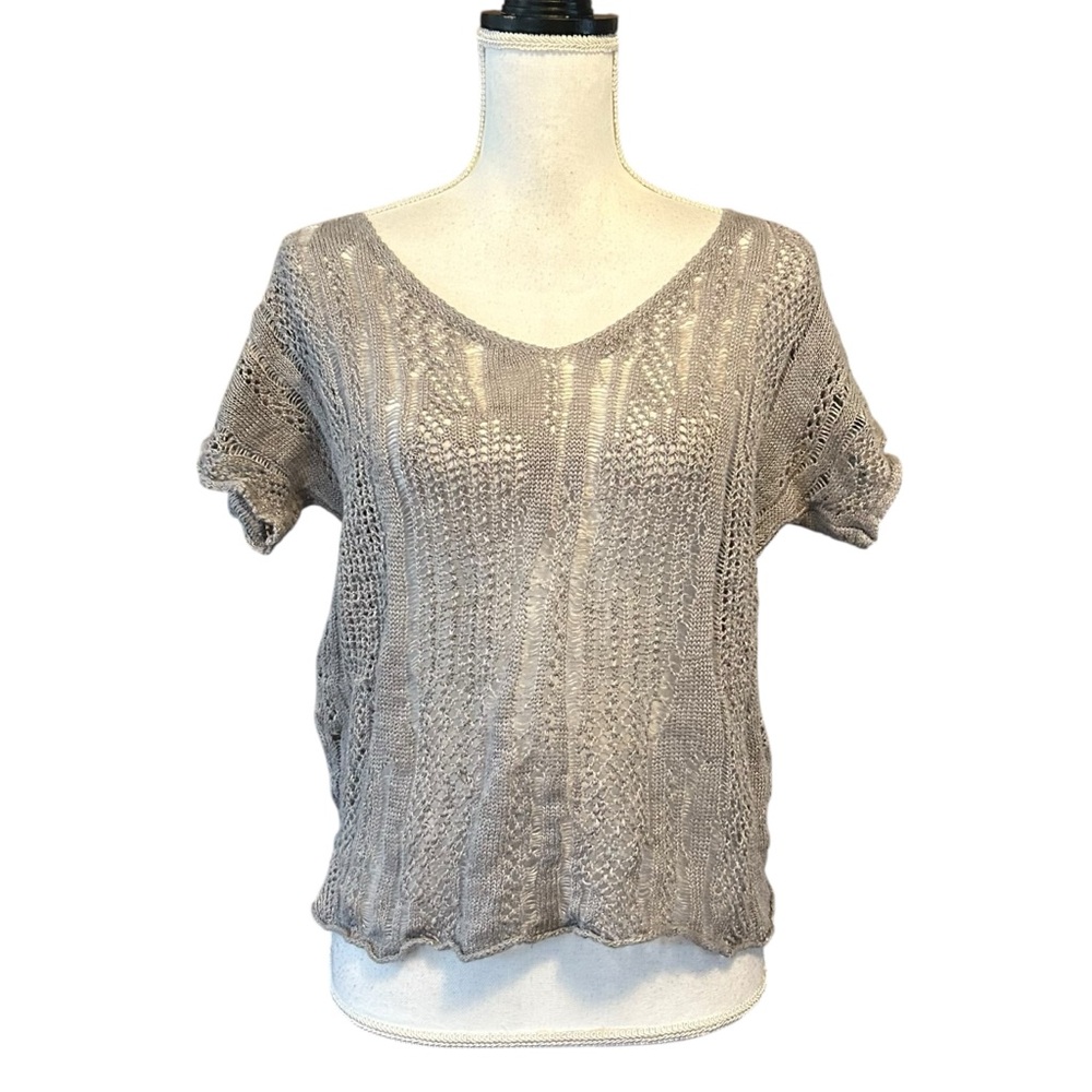 EILEEN FISHER PETITES GRAY V-NECK SHORT‎ SLEEVE LOOSE KNIT TOP SWEATER SZ PS